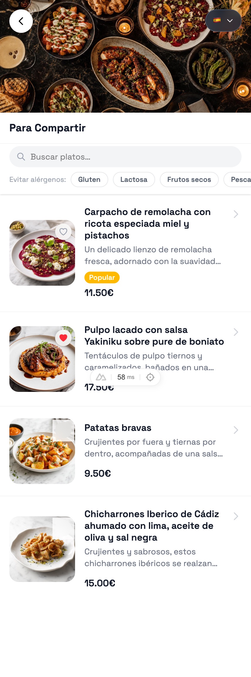 Lista de platos con filtros de alérgenos