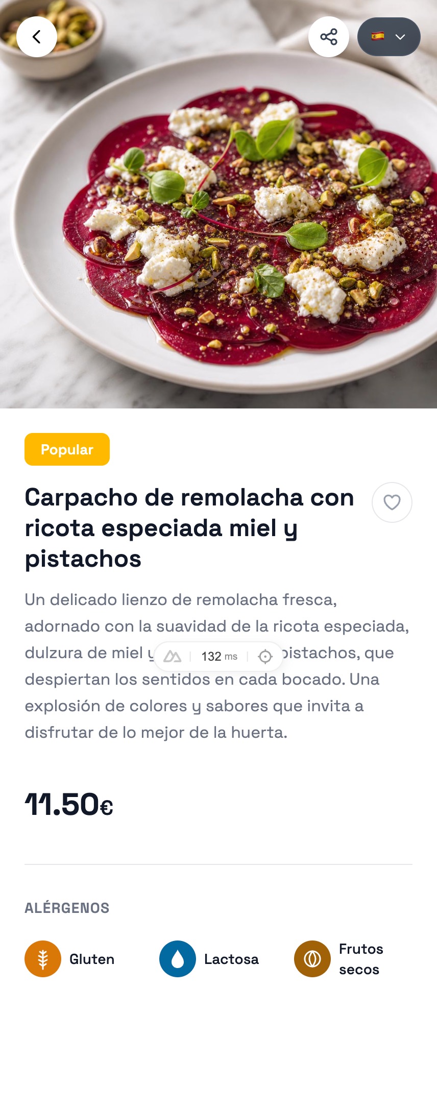 Ficha de plato con foto, descripción y alérgenos