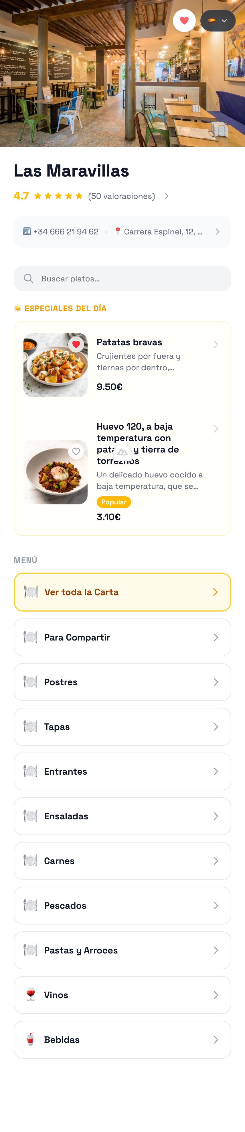 Home del menú — categorías y especiales del día